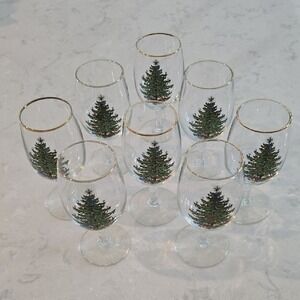 SET OF 8 Spode Christmas Tree Wine Glasses 22k Gold Rim 6.5" Holiday Stemware